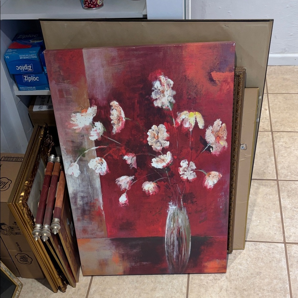 Floral Canvas Art with Red Background
